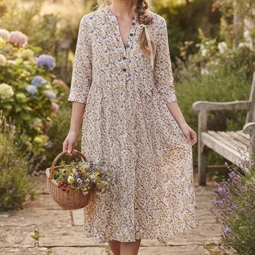 drop waist Midi Dress ditsy Floral Berry Print Button cottagecore romantic